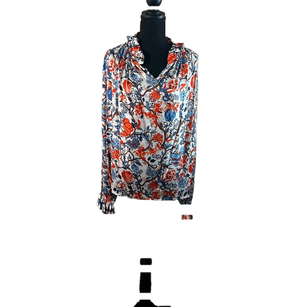 Chloe Kristyn Women’s Blue & Orange Long-Sleeve Lightweight Blouse, Size XL